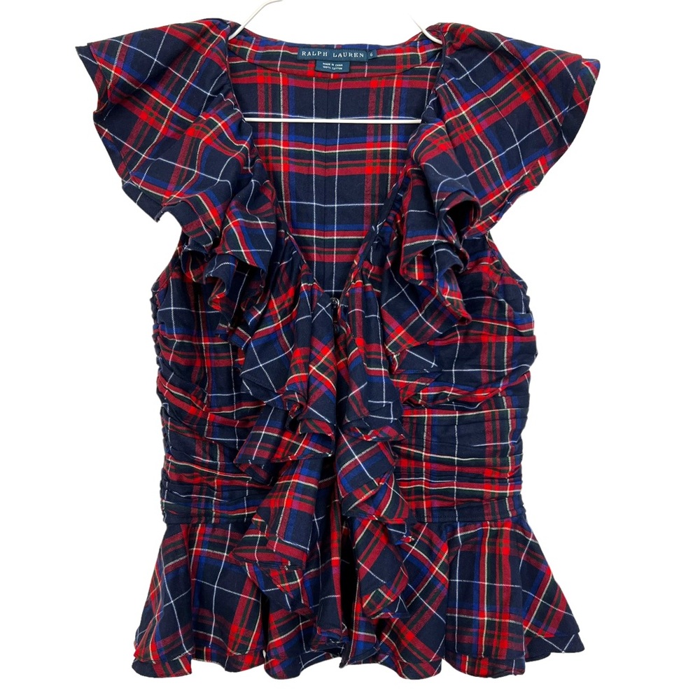 Ralph Lauren Plaid Western Ruched Ruffle Button Front Tank Top Blouse Size 6